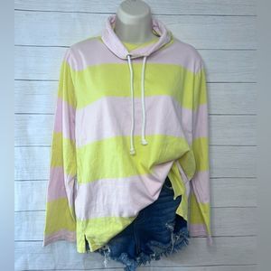 J. Crew Pink Yellow Striped Cowl Neck Drawstring Side Slit Pullover Sweatshirt